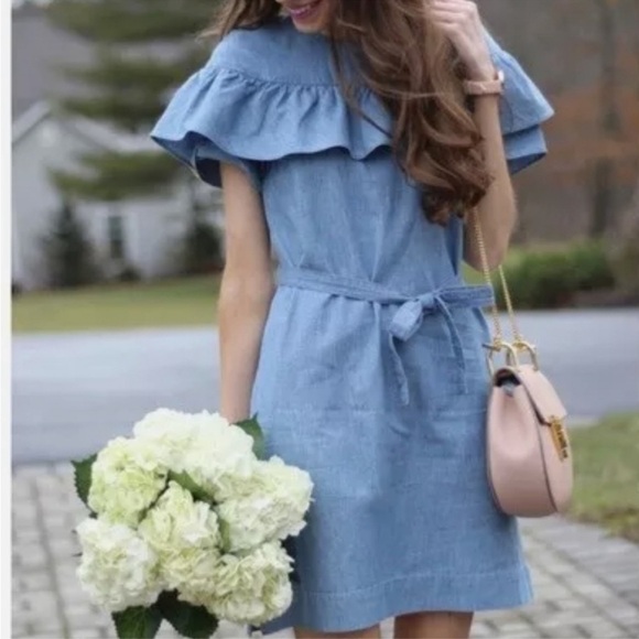 J.Crew Women’s Edie Ruffle Tie Cotton Mini Dress In Chambray Blue Casual Sz 4 - Picture 1 of 16